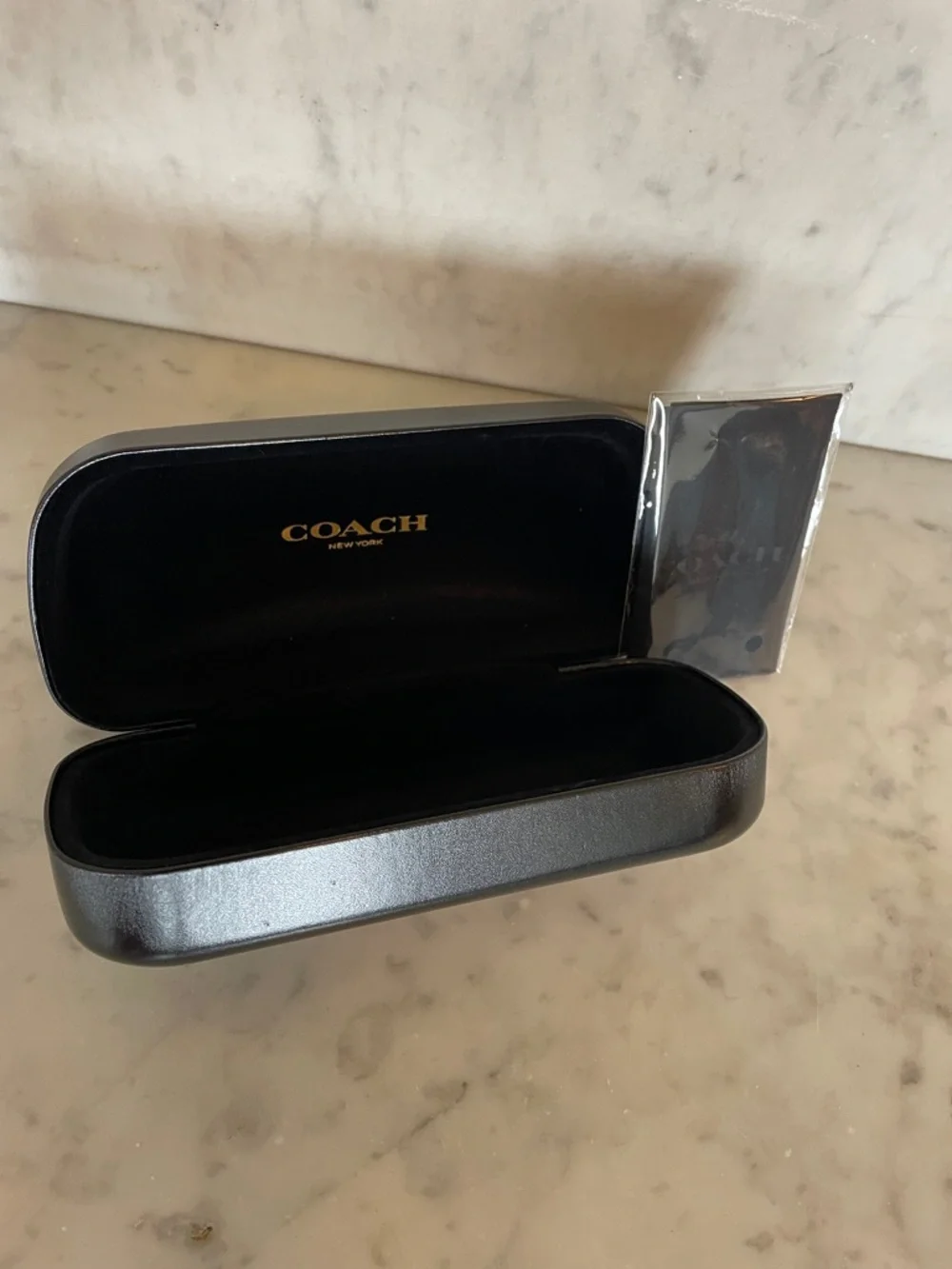 COACH Black and Gold Eyewear Clamshell Case with Cleaning Wipes